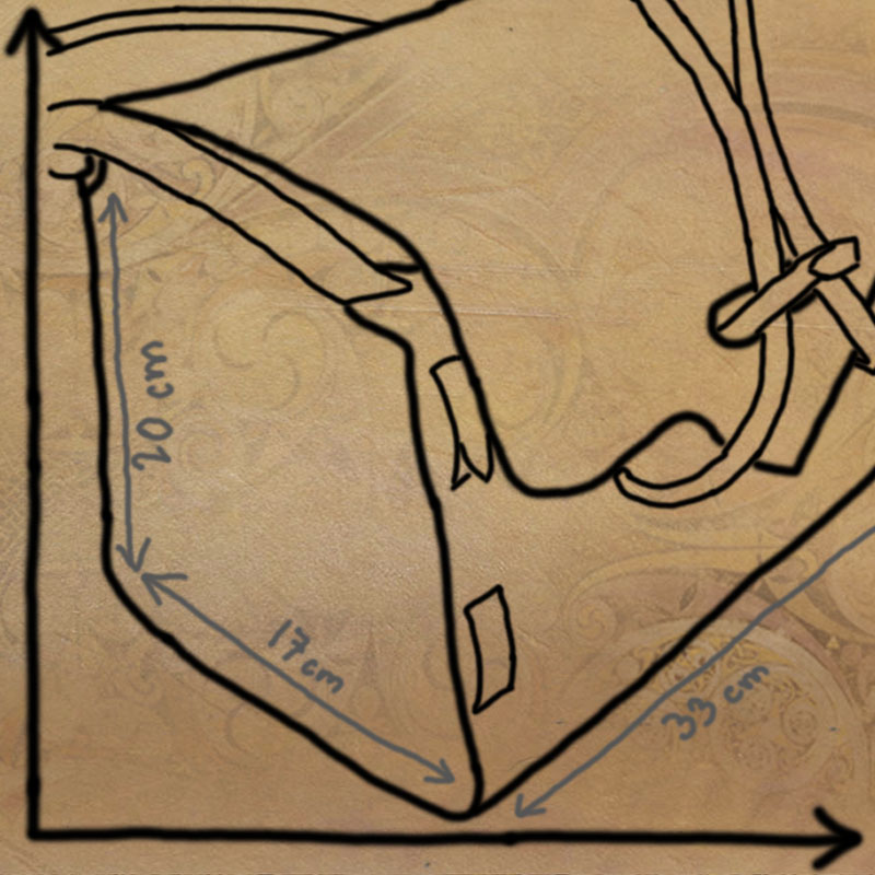 Schéma d'une grosse Sacoche Outchébé, à l'échelle avec dimensions