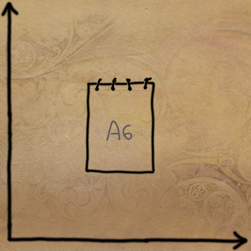 Schéma d'un mini carnet de croquis, à l'échelle avec dimensions