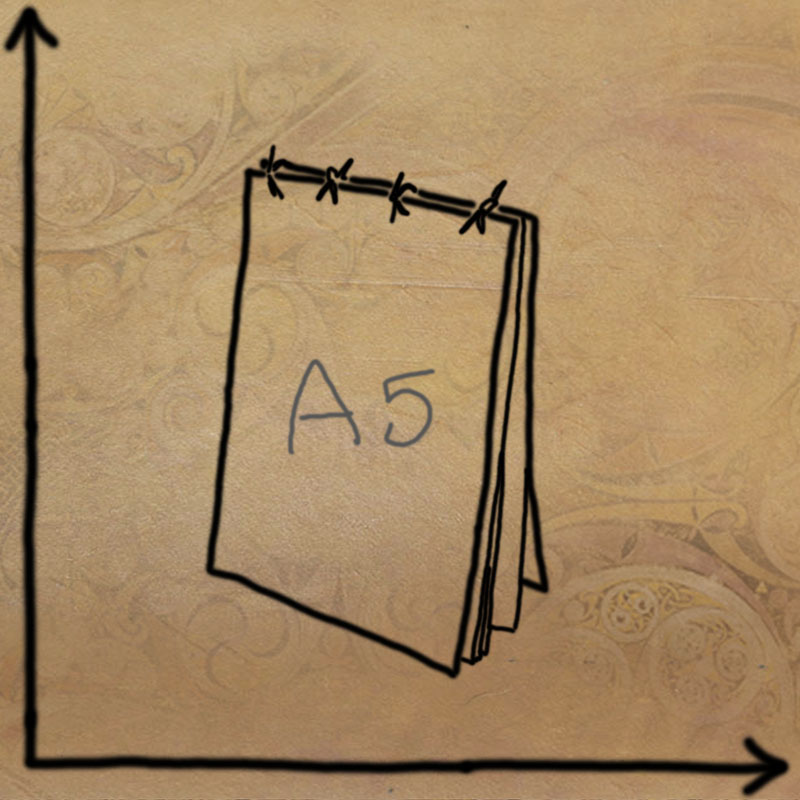 Schéma d'un petit carnet de croquis, à l'échelle avec dimensions