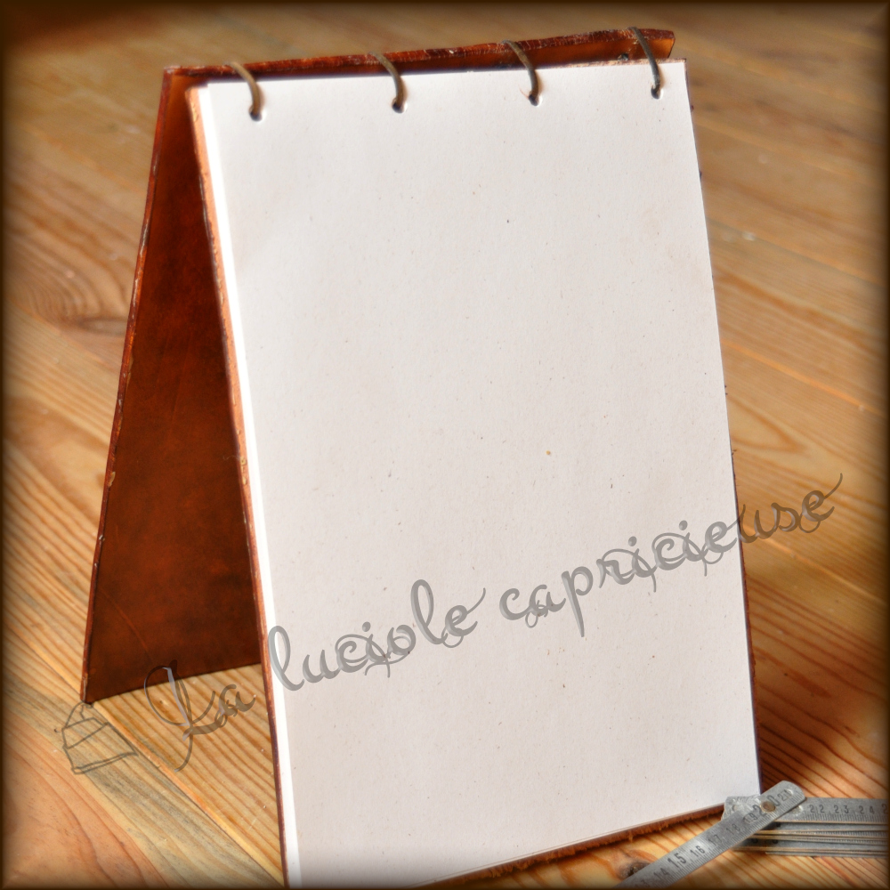 Intérieur d'un carnet de croquis en cuir de bovin tanné végétal, papier blanc