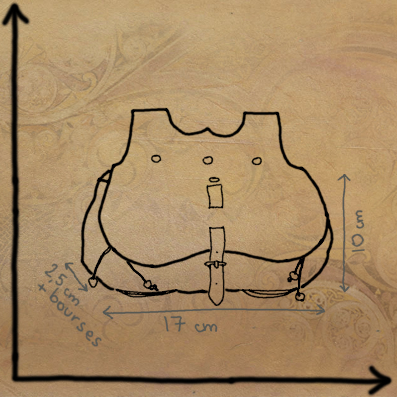 Schéma d'une Escuciole - sacoche de ceinture, à l'échelle avec dimenions